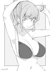 Rule 34 | 1girl, armpits, arms up, blush, breasts, cleavage, collarbone, greyscale, hair tie, holding, kichihachi, large breasts, monochrome, navel, original, outside border, parted lips, ponytail, sidelocks, simple background, solo, stomach, twitter username, tying hair, upper body