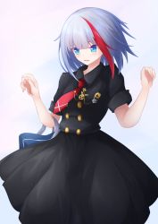 Rule 34 | 1girl, absurdres, admiral graf spee (azur lane), admiral graf spee (girl&#039;s sunday) (azur lane), admiral graf spee (girl&#039;s sunday) (azur lane), aqua background, azur lane, black dress, blue eyes, blush, commentary request, cowboy shot, dress, grey hair, highres, medal, multicolored hair, necktie, osatou (soul of sugar), parted lips, red hair, red necktie, short hair, simple background, solo, streaked hair, white background