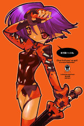 Rule 34 | 1girl, arm up, blade (galaxist), cowboy shot, female focus, fingerless gloves, gloves, holding, holding sword, holding weapon, long sleeves, orange background, original, outline, pointy ears, purple eyes, purple hair, short hair, simple background, solo, sword, weapon