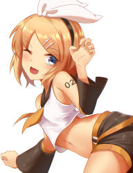 Rule 34 | 1girl, ;d, absurdres, black hairband, black shorts, blonde hair, crop top, detached sleeves, duan zhu, fang, hair ornament, hair ribbon, hairband, hairclip, head tilt, highres, kagamine rin, long hair, midriff, navel, neckerchief, one eye closed, open mouth, ribbon, shiny clothes, short shorts, shorts, simple background, smile, solo, stomach, tattoo, vocaloid, white background, white ribbon, yellow neckerchief