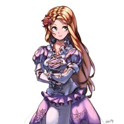 Rule 34 | 1girl, bara (totocos), blonde hair, closed mouth, cowboy shot, cross-laced clothes, crossed arms, detached sleeves, dress, floral print, flower, frilled dress, frills, green eyes, hair flower, hair ornament, highres, long hair, looking to the side, original, pink lips, puffy short sleeves, puffy sleeves, purple dress, purple skirt, shirt, short sleeves, simple background, skirt, skirt set, smile, solo, white background