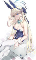 Rule 34 | 1girl, absurdres, animal ears, bare shoulders, black hairband, blonde hair, blue archive, blue bow, blue bowtie, blue eyes, blue hair, blue leotard, bow, bowtie, braid, breasts, briefcase, cleavage, closed mouth, commentary, covered navel, crossed legs, detached collar, double v, earrings, fake animal ears, fake tail, feet out of frame, french braid, from above, hair bow, hair lift, hairband, halo, hand up, head tilt, headset, highleg, highleg leotard, highres, jewelry, large breasts, leotard, light blush, long hair, looking at viewer, looking up, multicolored hair, official alternate costume, peropicnic, playboy bunny, rabbit ears, rabbit tail, sett, shadow, sidelocks, sitting, sitting on object, smirk, solo, strapless, strapless leotard, streaked hair, stud earrings, tail, thighhighs, toki (blue archive), toki (bunny) (blue archive), two-tone hair, v, very long hair, white background, white thighhighs, wrist cuffs