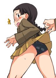 Rule 34 | 10s, 1girl, ass, assisted exposure, black hair, black panties, blush, braid, clothes lift, from behind, from below, fukuda haru, girls und panzer, highres, ogihara mach, panties, round eyewear, simple background, skirt, skirt lift, solo focus, twintails, underwear, upskirt, white background
