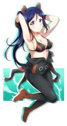 Rule 34 | 10s, 1girl, animal ears, armpits, arms up, bikini, bikini top only, black bikini, black pants, black shirt, blue hair, breasts, brown gloves, brown hair, cleavage, closed mouth, clothes down, collarbone, cosplay, from side, full body, gloves, highres, hippopotamus (kemono friends), hippopotamus (kemono friends) (cosplay), hippopotamus ears, kemono friends, long hair, love live!, love live! school idol festival, love live! sunshine!!, matsuura kanan, medium breasts, multicolored hair, pants, ponytail, purple eyes, shirt, silhouette, smile, solo, strap gap, surfing orange, swimsuit, two-tone hair, very long hair, white background, zipper