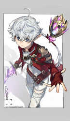 Rule 34 | 1girl, ahoge, alisaie leveilleur, armor, artist name, belt, blue eyes, boots, border, chest belt, cropped jacket, earclip, elezen, elf, eyes visible through hair, feet out of frame, final fantasy, final fantasy xiv, fingerless gloves, floating, floating object, floating weapon, gloves, grey border, hair between eyes, hair ribbon, highres, holding, holding sword, holding weapon, jacket, long hair, looking at viewer, mogayama, multiple belts, open clothes, open jacket, outside border, pauldrons, pointy ears, ponytail, red gloves, red jacket, red mage (final fantasy), ribbon, romper, shoulder armor, simple background, single pauldron, smile, solo, spread fingers, sword, thigh boots, twitter username, weapon, white background, white footwear, white hair, white romper