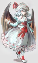Rule 34 | 1girl, bat wings, black wings, capelet, closed mouth, commentary request, curiosities of lotus asia, dress, grey background, grey hair, hair ribbon, long sleeves, looking at viewer, nanataru10, official alternate costume, one-hour drawing challenge, red eyes, red ribbon, remilia scarlet, ribbon, ribbon-trimmed skirt, ribbon trim, short hair, simple background, socks, solo, touhou, white capelet, white dress, white headwear, white socks, wings