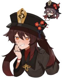 Rule 34 | 1girl, black headwear, black nails, brown hair, chibi, collared coat, cropped torso, flasso, flower, flower-shaped pupils, genshin impact, grin, hair between eyes, hand up, highres, hu tao (genshin impact), jewelry, long hair, long sleeves, looking at viewer, nail polish, red eyes, red flower, ring, simple background, smile, symbol-shaped pupils, teeth, white background