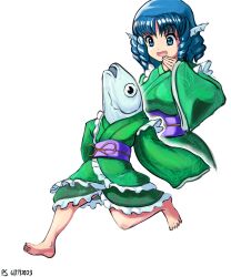 Rule 34 | 1girl, absurdres, blue hair, commentary, dated, drill hair, drill sidelocks, english commentary, fins, frilled kimono, frills, green kimono, head fins, highres, japanese clothes, kimono, profitshame, reverse mermaid, sash, short hair, sidelocks, signature, simple background, touhou, wakasagihime, wakasagihime (fish), white background