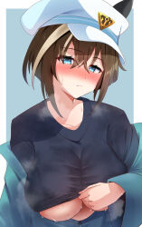 Rule 34 | 1girl, absurdres, alternate costume, animal ears, black shirt, blue eyes, blue jacket, blush, border, breasts, brown hair, cheval grand (umamusume), cleavage, closed mouth, clothes lift, commentary request, ear covers, evedesuuu, hair between eyes, hat, highres, horse ears, horse girl, jacket, jacket partially removed, large breasts, lifting own clothes, blue background, long sleeves, looking at viewer, multicolored hair, peaked cap, see-through, shirt, shirt lift, short hair, solo, streaked hair, sweat, sweatdrop, umamusume, underboob, upper body, visible air, white border, white hair, white hat