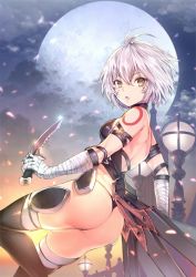 Rule 34 | 1girl, ass, bandages, bare shoulders, brown eyes, dagger, fate/apocrypha, fate/grand order, fate (series), jack the ripper (fate/apocrypha), knife, scar, short hair, solo, teddy (khanshin), thong, weapon, white hair