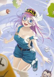 Rule 34 | :d, aged up, antennae, baby bottle, bare arms, bare shoulders, baseball cap, black-framed eyewear, blue eyes, blue footwear, blush, bottle, breasts, character name, cleavage, clothes writing, collarbone, commentary request, dr. slump, glasses, hat, highres, jchoy, looking at viewer, medium breasts, norimaki arale, open mouth, overall shorts, overalls, pink hair, red headwear, ribbed legwear, shoes, smile, socks, strap slip, teeth, upper teeth only, white legwear
