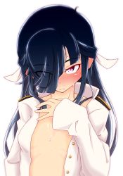 Rule 34 | 10s, 1girl, black hair, blush, breasts, coat, hair over one eye, hair ribbon, hayashimo (kancolle), kantai collection, long hair, military, military uniform, naked coat, purple eyes, ribbon, ru2n131, simple background, small breasts, solo, sweatdrop, uniform, white background