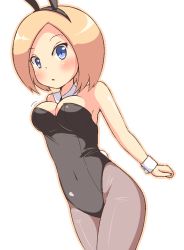 Rule 34 | 1girl, a-ktoo, animal ears, bare shoulders, blonde hair, blue eyes, blush, breasts, carol (pop&#039;n music), cleavage, detached collar, fake animal ears, leotard, looking at viewer, open mouth, pantyhose, playboy bunny, pop&#039;n music, rabbit ears, rabbit tail, short hair, simple background, solo, tail, wrist cuffs