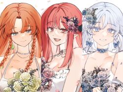 Rule 34 | 3girls, absurdres, armband, blue bow, blue eyes, bow, braid, dress, earrings, flower, hair flower, hair ornament, highres, holding, holding flower, hong meiling, izayoi sakuya, jewelry, koakuma, long hair, looking at viewer, multiple girls, necklace, open mouth, orange hair, petals, pointy ears, red eyes, red hair, sarukana, short hair, smile, teeth, touhou, twin braids, white background, white dress, white hair
