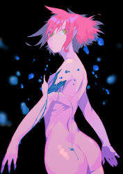 Rule 34 | androgynous, ass, back, bad id, bad pixiv id, beijuu, black background, blood, blue blood, blurry, colored blood, colored skin, depth of field, dripping, empty eyes, exposed muscle, gender request, injury, lavender skin, looking at viewer, messy hair, nude, original, pink hair, purple skin, simple background, solo, torn skin, water drop
