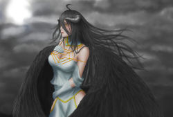 Rule 34 | 1girl, ahoge, albedo (overlord), bare shoulders, black hair, black wings, breasts, cleavage, demon girl, demon horns, dress, gloves, hair between eyes, highres, horns, jewelry, large breasts, long hair, necklace, overlord (maruyama), solo, white gloves, wings, yellow eyes, zocalo96