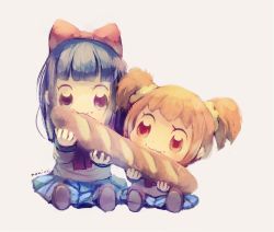 Rule 34 | 10s, 2girls, :3, artist name, bad id, bad pixiv id, baguette, blonde hair, blue eyes, blue hair, blue skirt, bow, bread, brown footwear, chibi, commentary request, eating, food, grey background, hair bow, hair ornament, hair scrunchie, holding, long sleeves, manino (mofuritaionaka), multiple girls, neckerchief, pipimi, pleated skirt, poptepipic, popuko, red bow, red neckerchief, school uniform, scrunchie, serafuku, shirt, shoes, signature, simple background, skirt, twintails, white shirt, yellow eyes