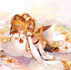 Rule 34 | 1girl, animal ears, bandeau, bare shoulders, bird, blonde hair, chicken, closed eyes, detached sleeves, feather hair ornament, feathers, granblue fantasy, hair ornament, harvin, highres, jewelry, long hair, mahira (granblue fantasy), navel, pointy ears, red bandeau, soysae, thighhighs, wide sleeves