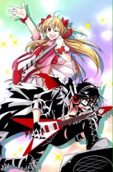 Rule 34 | 1boy, 1girl, ;d, alisa reinford, alternate costume, amplifier, bad id, bad twitter id, bittsu (v1tz), black hair, blonde hair, bracelet, eiyuu densetsu, electric guitar, falcom, glasses, gloves, guitar, hair ribbon, hand up, headset, instrument, jewelry, music, novelty glasses, one eye closed, open mouth, playing instrument, rean schwarzer, red eyes, ribbon, ripped jeans, sen no kiseki, smile, sunglasses, torn clothes, two side up
