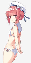 Rule 34 | 1girl, anchor, bikini, brown eyes, clothes writing, fathom, flat chest, grey background, hat, highres, kantai collection, red hair, sailor bikini, sailor collar, sailor hat, short hair, side-tie bikini bottom, simple background, solo, swimsuit, white bikini, white hat, z3 max schultz (kancolle)