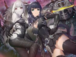 Rule 34 | 2girls, akizone, animal, bare shoulders, belt, black belt, black gloves, black hair, black pants, black thighhighs, breasts, cleavage, closed mouth, commentary, commission, covered navel, earrings, english commentary, final fantasy, final fantasy xiv, from below, gloves, jewelry, large breasts, long hair, multiple girls, omega-f, omega (final fantasy), pale skin, pants, red eyes, shield, shoulder plates, thighhighs, warrior of light (ff14), zettai ryouiki