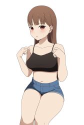 1girl absurdres black_sports_bra breasts brown_eyes brown_hair coro_fae denim denim_shorts highres iino_miko invisible_chair kaguya-sama_wa_kokurasetai_~tensai-tachi_no_renai_zunousen~ large_breasts navel short_shorts shorts simple_background sitting solo sports_bra sweat white_background