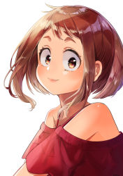 Rule 34 | 1girl, absurdres, bad id, bad pixiv id, bare shoulders, blush, boku no hero academia, brown eyes, brown hair, closed mouth, commentary request, face, from side, highres, looking at viewer, mitsubachi82, red sweater, short hair, sidelocks, simple background, smile, solo, sweater, uraraka ochako, white background