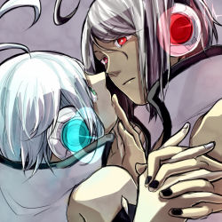 Rule 34 | 2boys, ahoge, black nails, closed mouth, creamyya, dark persona, dual persona, eye contact, finger to another&#039;s mouth, glowing, green eyes, grey hair, holding hands, interlocked fingers, looking at another, male focus, multiple boys, nail polish, red eyes, utatane piko, vocaloid, white hair, white nails
