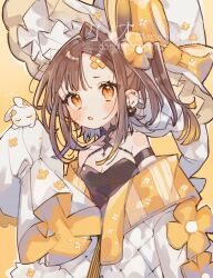 Rule 34 | 1girl, :o, argyle, argyle clothes, argyle jacket, bare shoulders, black shirt, blush, bow, breasts, brown hair, cleavage, hair bow, hair intakes, hand up, highres, jacket, jikuno, looking at viewer, medium hair, off shoulder, open mouth, orange background, orange eyes, original, parted bangs, shirt, sidelocks, simple background, sleeves past fingers, sleeves past wrists, small breasts, solo, twintails, upper body, white bow, white jacket