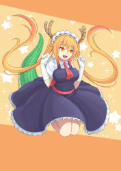 Rule 34 | 10s, 1girl, :d, absurdres, blonde hair, dragon girl, dragon horns, dragon tail, elbow gloves, fang, gloves, highres, horns, kobayashi-san chi no maidragon, large tail, long hair, looking at viewer, maid, necktie, open mouth, orange eyes, slit pupils, smile, solo, star (symbol), starry background, tail, tohru (maidragon), twintails, white gloves, yuki7128
