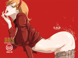 Rule 34 | 1girl, ass, bent over, bottomless, breasts, cloneningen, covered erect nipples, cum, cum on ass, cyborg 009, francoise arnoul, green eyes, half-closed eyes, open mouth, orange hair, red background, saliva, simple background, skindentation, thighhighs