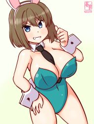 Rule 34 | 1girl, animal ears, aqua leotard, artist logo, bare legs, bare shoulders, between breasts, black necktie, blue eyes, blush, breasts, brown hair, cleavage, covered navel, dated, detached collar, fake animal ears, gradient background, hair ornament, hairclip, kanon (kurogane knights), kantai collection, large breasts, leotard, looking at viewer, maya (kancolle), necktie, necktie between breasts, one-hour drawing challenge, playboy bunny, rabbit ears, rabbit tail, short hair, solo, strapless, strapless leotard, tail, wrist cuffs, x hair ornament, yellow background