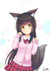 Rule 34 | 1girl, :o, alternate costume, animal ear fluff, animal ears, artist name, azur lane, black hair, blunt bangs, blush, bow, bowtie, cardigan, chinese commentary, collared shirt, commentary request, cowboy shot, fox ears, fox girl, fox tail, hands up, head tilt, leaning to the side, long hair, long sleeves, looking at viewer, m ko (maxft2), mixed-language commentary, nagato (azur lane), paid reward available, parted lips, partial commentary, paw pose, pink cardigan, plaid, plaid bow, plaid bowtie, plaid skirt, puffy long sleeves, puffy sleeves, red bow, red bowtie, red skirt, shirt, sidelocks, signature, skirt, sleeve cuffs, sleeves past wrists, solo, tail, very long hair, white shirt, yellow eyes