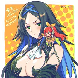 Rule 34 | 2girls, artist name, bare shoulders, black hair, blue hair, border, breasts, chibi, cleavage, commentary request, copyright name, crossed arms, dress, forehead, gem, gloves, green eyes, hagino kouta, headphones, impossible clothes, large breasts, long hair, looking at another, multicolored hair, multiple girls, open mouth, pointing, pointing at another, pout, red hair, ribbon, sidelocks, streaked hair, tokyo necro suicide mission, two-tone hair, upper body, v-shaped eyebrows, white border, yellow dress, yellow gloves, yellow ribbon