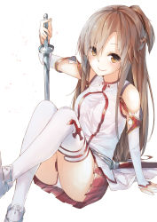 Rule 34 | 10s, 1girl, asuna (sao), bare shoulders, blush, brown eyes, brown hair, detached sleeves, highres, holding, la-na, long hair, long legs, scabbard, sheath, skirt, smile, solo, sword, sword art online, thighhighs, weapon, white thighhighs