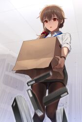 Rule 34 | 1girl, accident, black pantyhose, black skirt, box, brown hair, cardboard box, commentary, dress shirt, empty eyes, failure, feet out of frame, gloom (expression), hair ornament, hair over shoulder, hair scrunchie, half-closed eyes, highres, holding, holding box, idolmaster, idolmaster cinderella girls, indoors, kamille (vcx68), lanyard, looking down, medium hair, miniskirt, motion blur, office lady, pantyhose, pencil skirt, red scrunchie, revision, scrunchie, senkawa chihiro, shirt, short sleeves, side ponytail, skirt, solo, standing, turn pale, watch, white shirt, wing collar, wristwatch