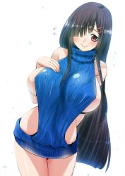 Rule 34 | 1girl, areola slip, bare shoulders, black hair, blush, breasts, hair ornament, hair over one eye, huge breasts, large breasts, long hair, looking at viewer, perepere-kun, red eyes, sideboob, sidelocks, simple background, smile, solo, white background