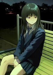 Rule 34 | 1girl, absurdres, arms between legs, bare legs, bench, black hair, blazer, blue jacket, blue necktie, blue skirt, blush, closed mouth, collared shirt, feet out of frame, frown, highres, jacket, long bangs, long hair, long sleeves, looking to the side, miniskirt, mmmo3, necktie, night, open clothes, open jacket, original, outdoors, park bench, pleated skirt, power lines, railing, red eyes, shirt, sitting, skirt, solo, straight hair, white shirt, wispy bangs