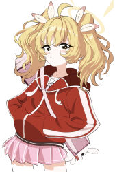 Rule 34 | 1girl, absurdres, ahoge, bazz000033, blonde hair, blue archive, blush, closed mouth, commentary, cowboy shot, halo, highres, jacket, long hair, long sleeves, looking at viewer, pink skirt, pleated skirt, red jacket, simple background, skirt, solo, twintails, white background, yellow eyes, yellow halo, yoshimi (blue archive)