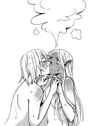Rule 34 | 2girls, absurdres, blush, breasts, closed eyes, commentary, dungeon meshi, ear blush, elf, english commentary, falin thorden, falin thorden (tallman), greyscale, highres, holding hands, interlocked fingers, kiss, kkxuroky, long hair, marcille donato, medium breasts, medium hair, monochrome, multiple girls, nude, parted lips, pointy ears, shoulder blush, steam, twitter username, upper body, yuri