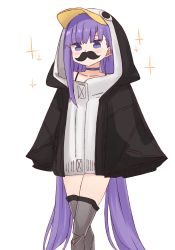 Rule 34 | 1girl, animal hood, black jacket, blue choker, blue eyes, blush, choker, collarbone, fake facial hair, fake mustache, fate/grand order, fate (series), hood, hood up, hooded jacket, i.u.y, jacket, long hair, long sleeves, looking at viewer, meltryllis, meltryllis (fate), meltryllis (swimsuit lancer) (fate), meltryllis (swimsuit lancer) (first ascension) (fate), penguin hood, puffy long sleeves, puffy sleeves, purple hair, sidelocks, simple background, sleeves past fingers, sleeves past wrists, solo, sparkle, very long hair, white background