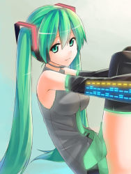Rule 34 | 1girl, bad id, bad pixiv id, detached sleeves, green eyes, green hair, hatsune miku, headset, hsuliherng, long hair, matching hair/eyes, necktie, sitting, solo, thighhighs, twintails, very long hair, vocaloid
