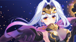 Rule 34 | 1girl, breasts, brown eyes, closed mouth, colchicum (flower knight girl), commentary request, flower knight girl, gloves, gradient hair, hair between eyes, headpiece, holding, long hair, looking at viewer, medium breasts, multicolored hair, outstretched arm, parted bangs, pink eyes, purple gloves, santa matsuri, silver hair, smile, solo, upper body