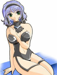 Rule 34 | 1girl, aqua centolm, arm between breasts, banpresto, between breasts, blunt bangs, breasts, green eyes, hairband, leotard, lowres, midriff, navel, qvga, revealing clothes, short hair, silver hair, simple background, sitting, solo, stomach, super robot wars, super robot wars mx, thigh strap, white background