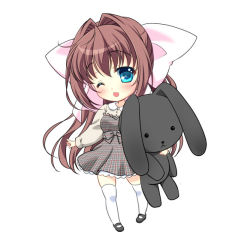 Rule 34 | 1girl, asakura otome, blue eyes, bow, brown hair, checkered clothes, checkered dress, chibi, collared shirt, commentary request, da capo, da capo ii, dress, hair between eyes, hair bow, hair intakes, holding, holding stuffed toy, kayura yuka, loafers, long hair, long sleeves, looking at viewer, one eye closed, open mouth, pink bow, rabbit, shirt, shoes, simple background, solo, stuffed animal, stuffed toy, thighhighs, white background, white shirt, white thighhighs, zettai ryouiki