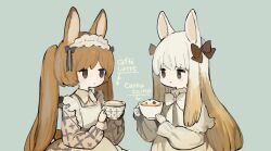 Rule 34 | 2girls, animal ears, bow, bowtie, brown hair, cappuccino, closed mouth, coffee, collared dress, commentary, cup, dot mouth, dress, frilled hairband, frills, gradient hair, grey eyes, hair bow, hairband, holding, holding cup, long hair, long sleeves, looking at another, multicolored hair, multiple girls, original, rabbit ears, rabbit girl, sakutake (ue3sayu), sidelocks, simple background, smile, symbol-only commentary, twintails