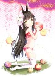 Rule 34 | 1girl, animal ear fluff, animal ears, ass, azur lane, ball, bird, black hair, blunt bangs, bra, butt crack, camisole, chick, comb, commentary request, fox ears, from behind, from side, full body, highres, holding, kneeling, long hair, looking back, mask, mask on head, nagato (azur lane), nagato (great fox&#039;s respite) (azur lane), panties, red bra, red panties, sakuraizumi yuu, see-through, side-tie panties, solo, strap slip, thighhighs, underwear, underwear only, very long hair, white thighhighs, yellow eyes