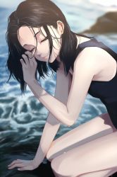 Rule 34 | 1girl, bare shoulders, black hair, blurry, blurry background, closed mouth, dripping, closed eyes, female focus, fingernails, highres, kneeling, litra (ltr0312), medium hair, ocean, original, outdoors, partially submerged, pink lips, rock, solo, swimsuit, water, wet