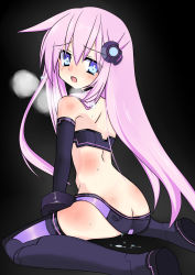 Rule 34 | 10s, 1girl, absurdres, ass, bad id, bad pixiv id, bare shoulders, black background, blue eyes, blush, boots, butt crack, choujigen game neptune mk2, female focus, from behind, hair ornament, highres, long hair, looking back, meimu (infinity), nepgear, neptune (series), open mouth, pink hair, purple sister, simple background, solo, sweat, tears, thigh boots, thighhighs