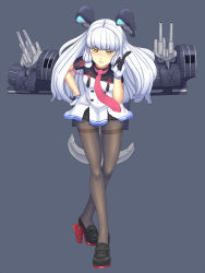 Rule 34 | &gt;:(, 10s, 1girl, black pantyhose, blunt bangs, blush, bodysuit, breasts, crossed legs, dress, finger wagging, frown, full body, gloves, grey background, grey pantyhose, hair ribbon, hand on own hip, headgear, high heels, index finger raised, kantai collection, leaning forward, loafers, long hair, looking at viewer, mecha musume, murakumo (kancolle), murakumo kai ni (kancolle), necktie, orange eyes, pantyhose, pleated dress, pointing, ribbon, sailor dress, shoes, short dress, short eyebrows, short sleeves, sidelocks, simple background, small breasts, solo, spandex, standing, strapless, strapless dress, thighband pantyhose, tress ribbon, turret, turtleneck, v-shaped eyebrows, white hair, yui sora